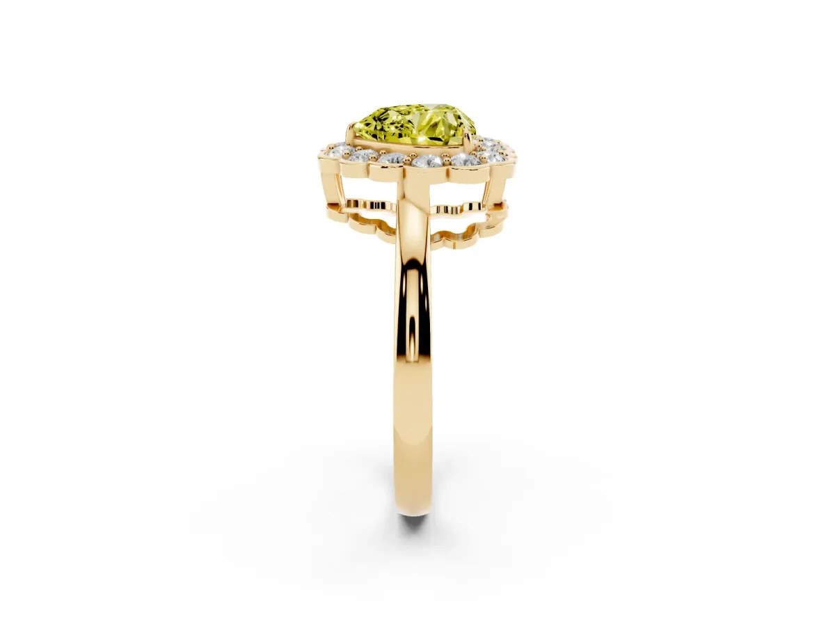 Fancy Yellow Heart Cut Halo Cluster Diamond Engagement Ring with Solitaire Band and Prong Setting Yellow gold