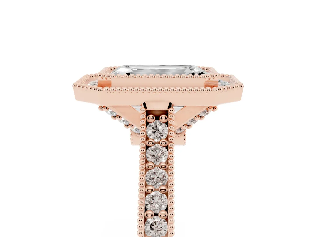 Halo Emerald Cut-Cut Diamond Pave Band Milgrain Prong Setting Ring Rose gold