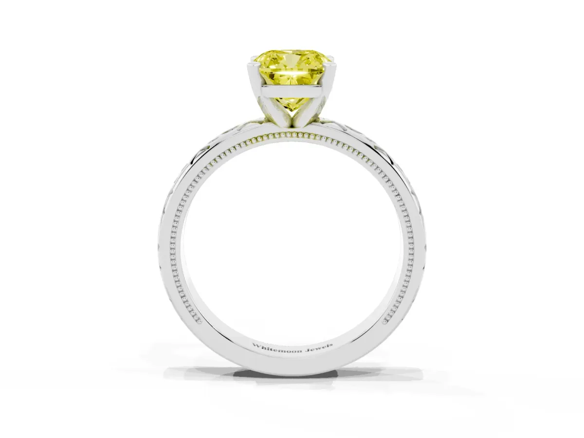 Fancy Yellow Cushion Cut Solitaire Engagement Ring with Scrollwork Band and Four-Prong Setting White gold