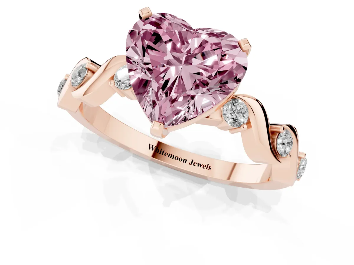 Fancy Pink Heart Cut Diamond Solitaire Twisted Band with Round Accents and Prong Setting Rose gold