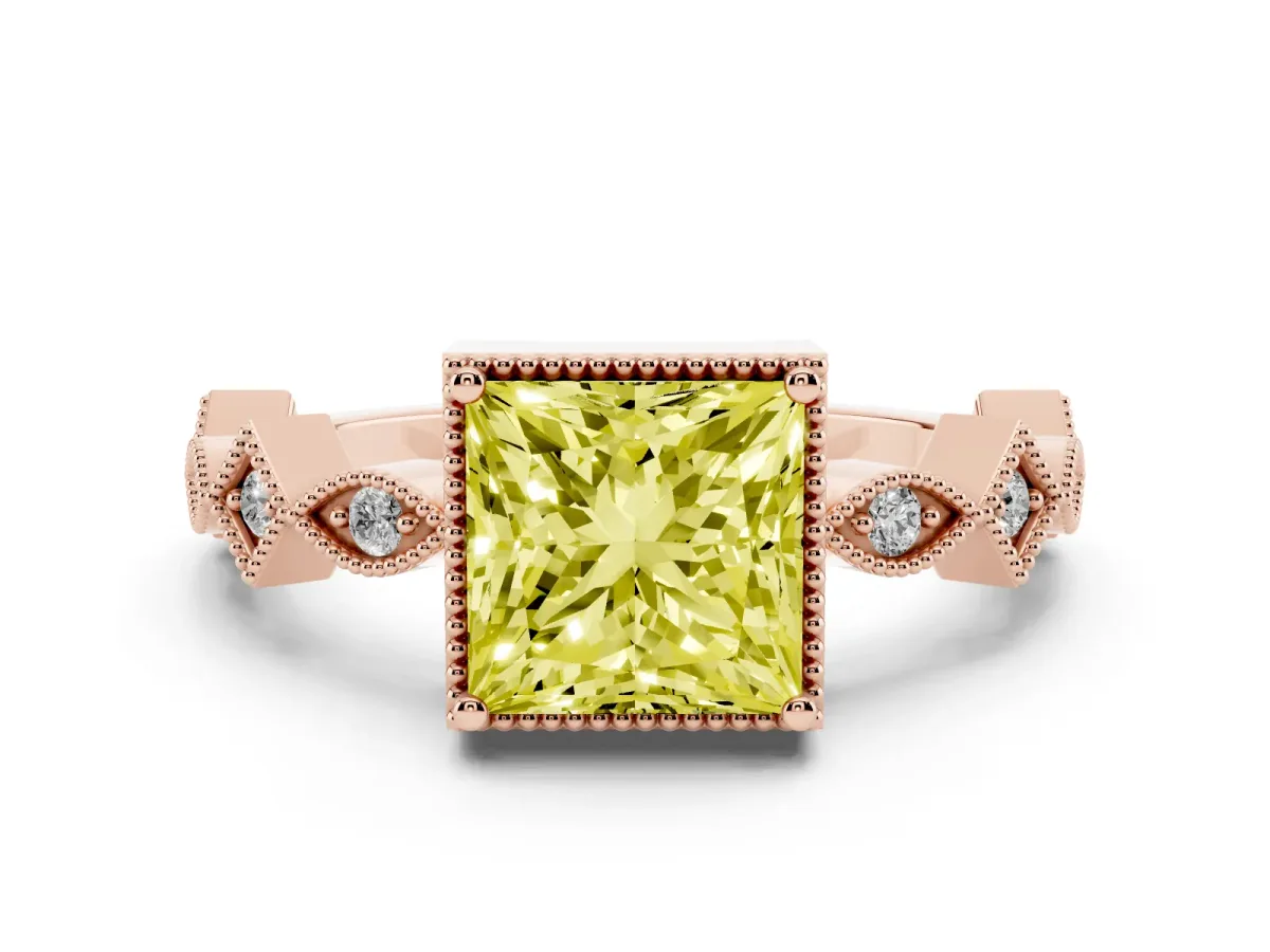 Fancy Yellow Princess Cut Milgrain Marquise Diamond Twist Band Ring Rose gold
