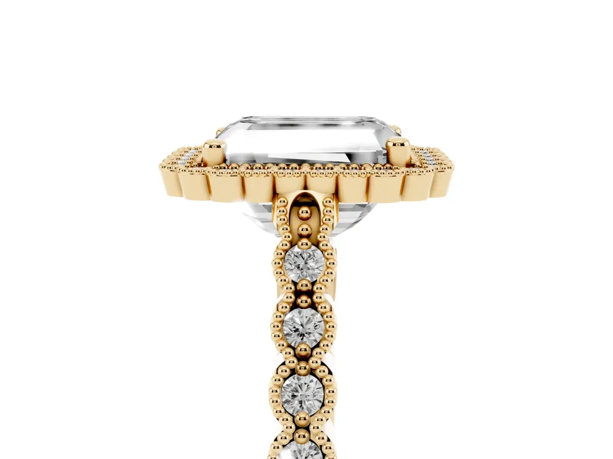 Radiant Cut Cut Halo Pavé Solitaire Ring with Milgrain Band Yellow gold