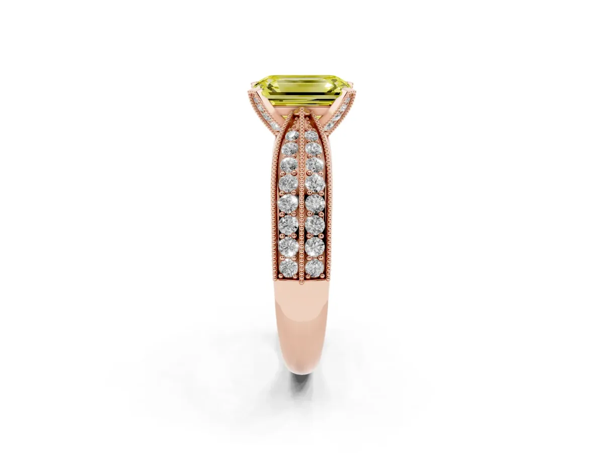 Fancy Yellow Emerald Cut Diamond Solitaire Ring with Milgrain Round Pavé Band and Prong Setting Rose gold
