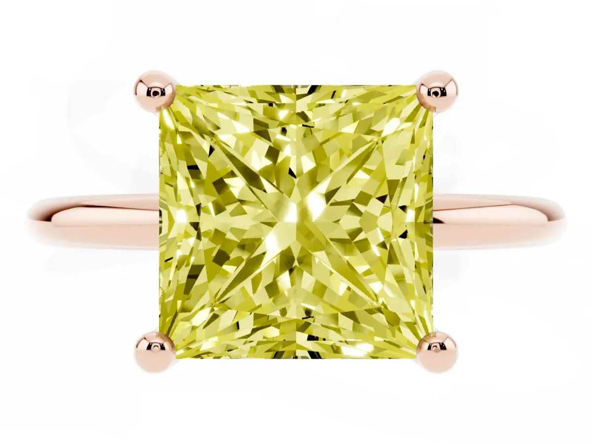 Fancy Yellow Princess Cut Solitaire Diamond Ring with 4-Prong Setting on a Classic Band Rose gold