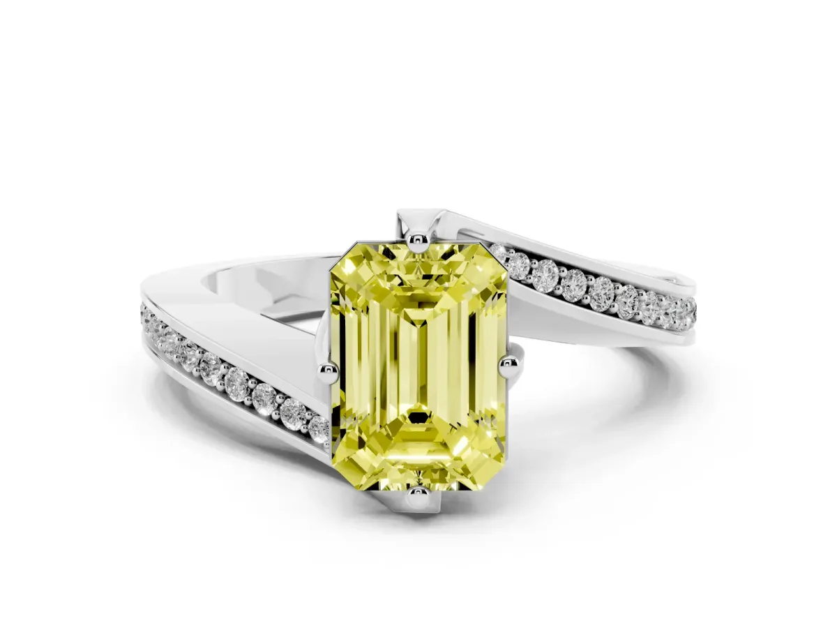 Fancy Yellow Emerald Cut Solitaire Diamond Twist Band with Pavé Setting and Four-Prong Setting Silver