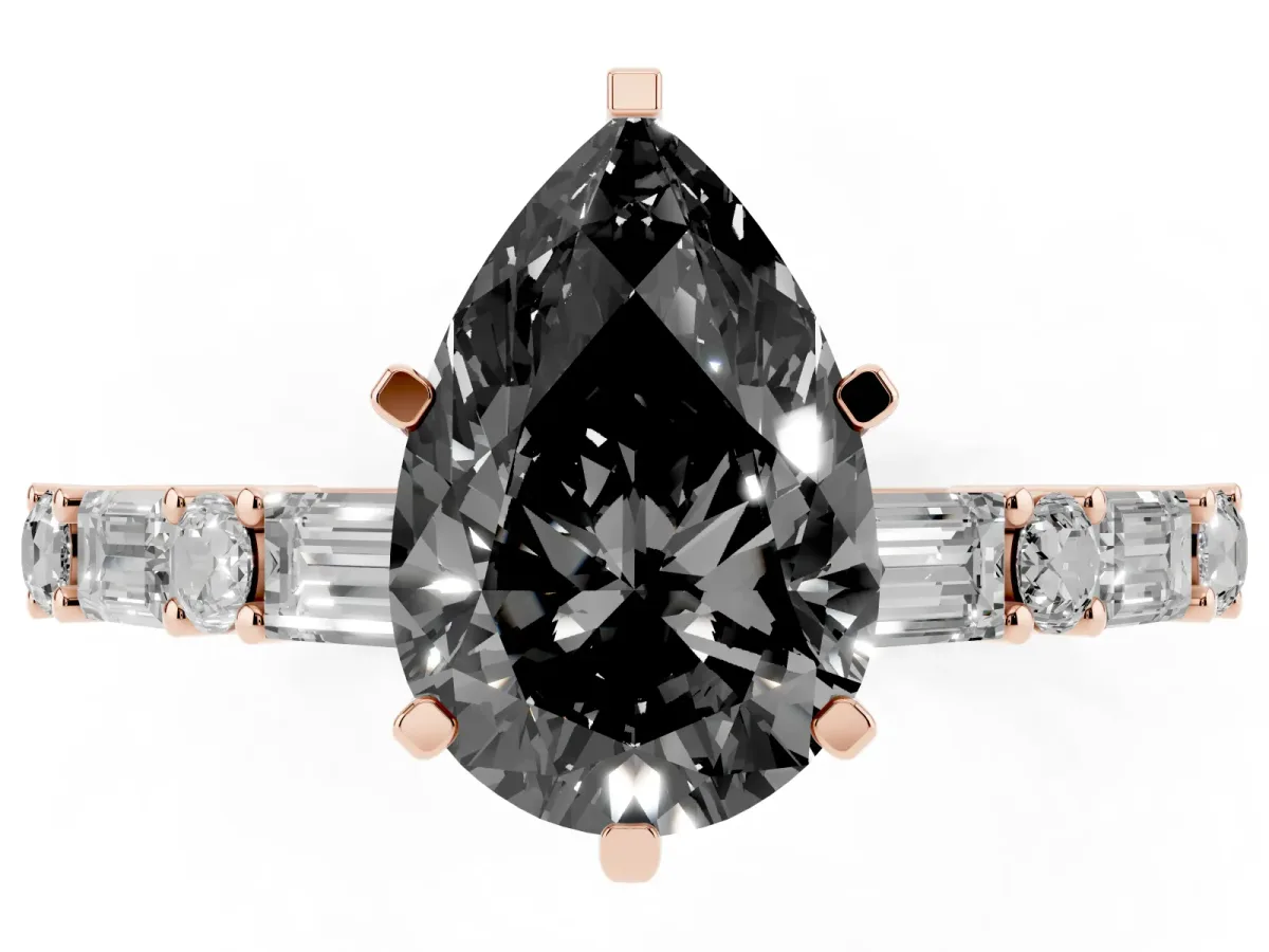 Fancy Black Pear Cut Diamond Solitaire with Side Baguettes and Channel Set Band Rose gold