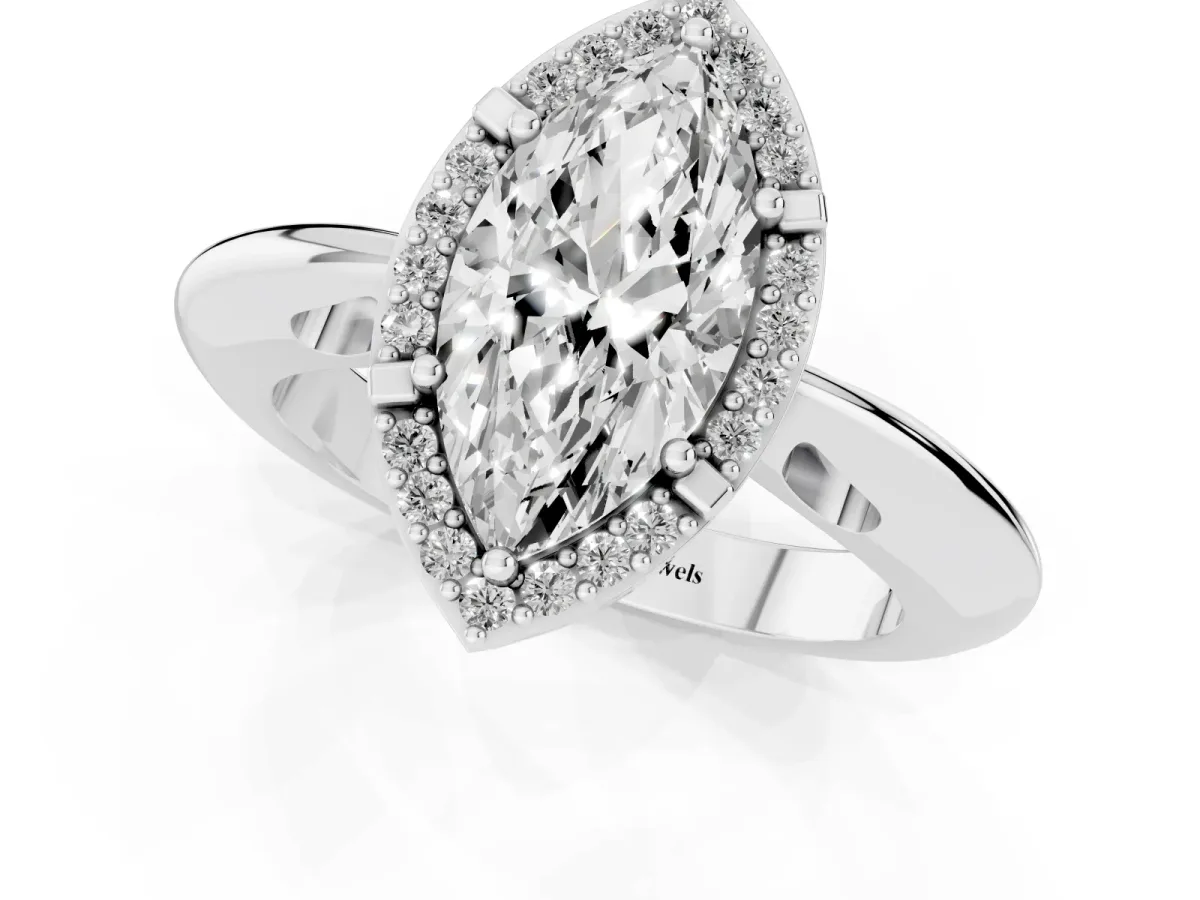 Marquise Cut Cut Diamond Halo Engagement Ring with Split Shank and Four-Prong Setting Silver