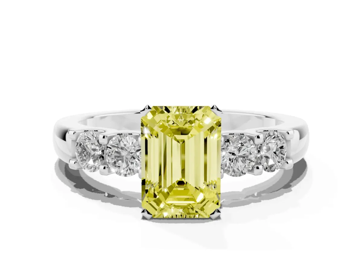 Fancy Yellow Emerald Cut Brilliant Cut Diamond Five-Stone Prong Set Engagement Ring with Channel Band Silver