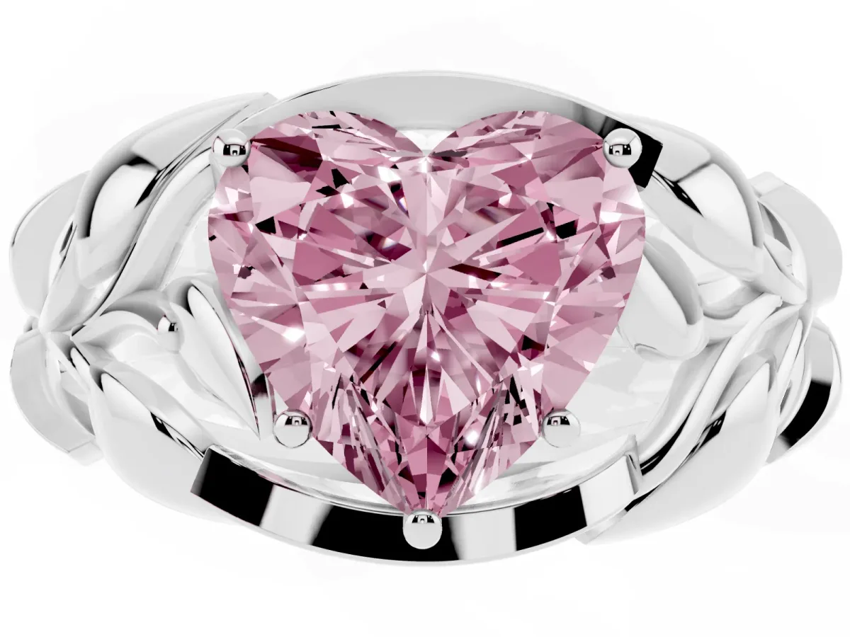 Fancy Pink Heart Cut Diamond Leaf-Inspired Engagement Ring with Round Accents and Prong Setting White gold