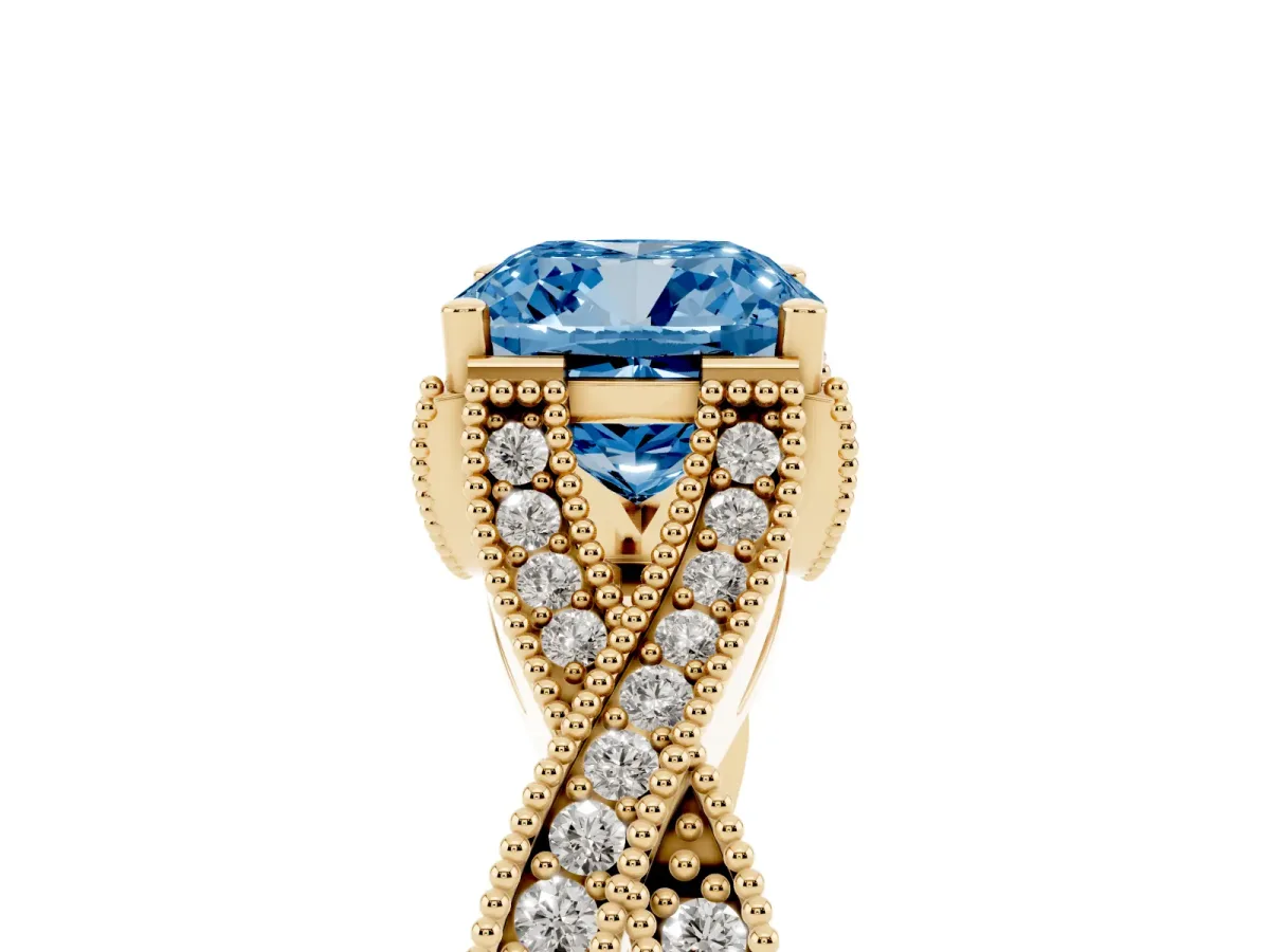 Fancy Blue Cushion Cut Cut Diamond Twisted Band with Milgrain Pave Setting and Four-Prong Setting Yellow gold