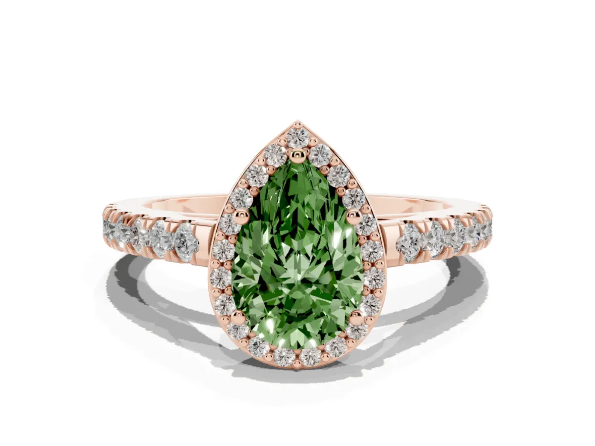 Fancy Green Pear Cut Cut Halo Diamond Engagement Ring with Pave Band and Four-Prong Setting Rose gold