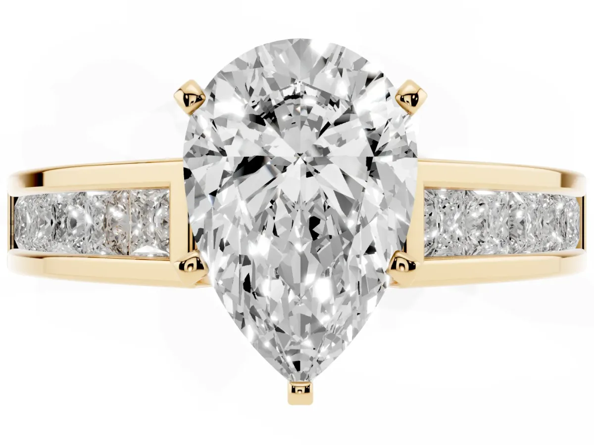 Pear Cut Solitaire Diamond Ring with Channel-Set Band and Four-Prong Setting Yellow gold