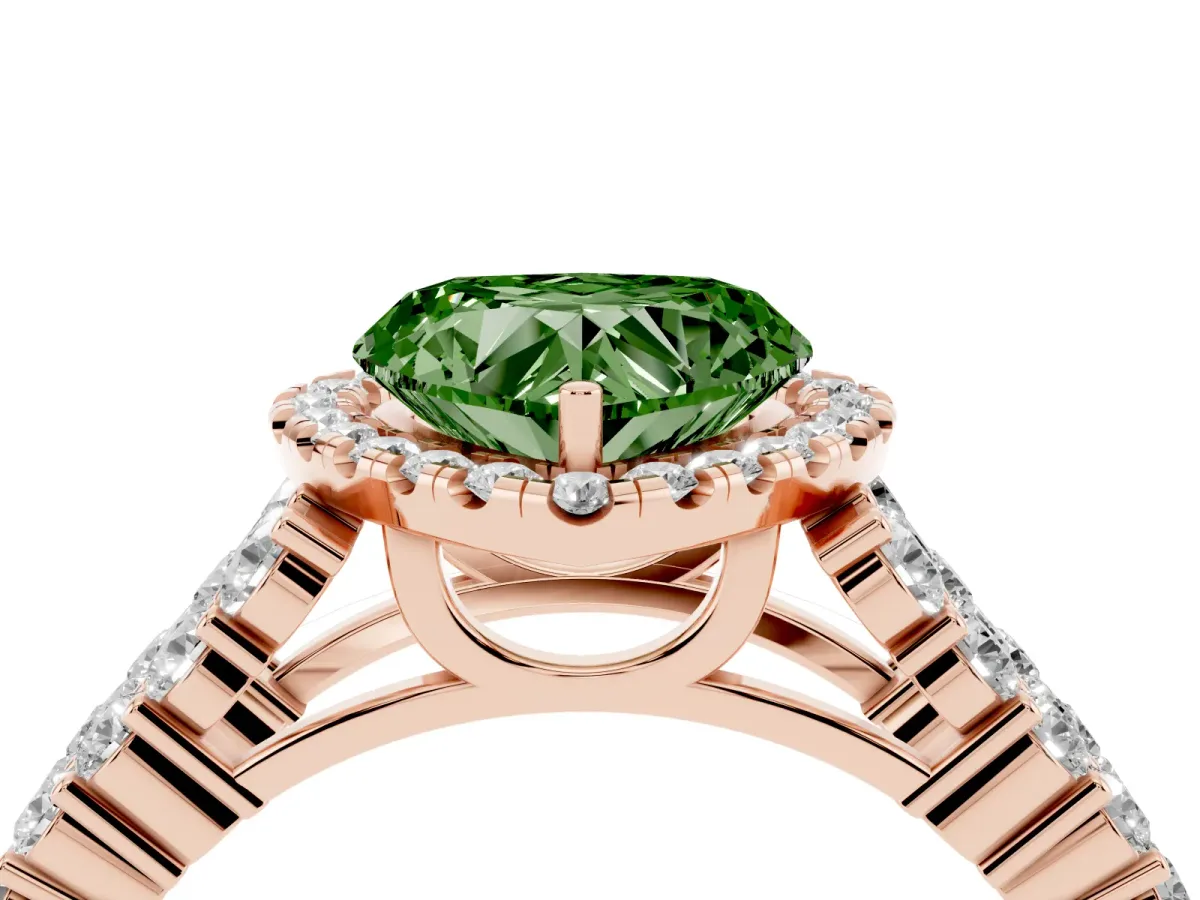 Fancy Green Heart Cut Diamond Halo Engagement Ring with Triple Row Round Pavé Band and Prong Setting Rose gold