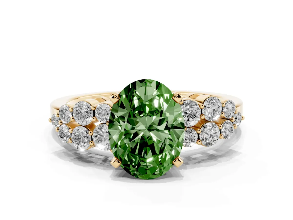 Fancy Green Oval Cut Cluster Diamond Engagement Ring with Pavé Band and Four-Prong Setting Yellow gold
