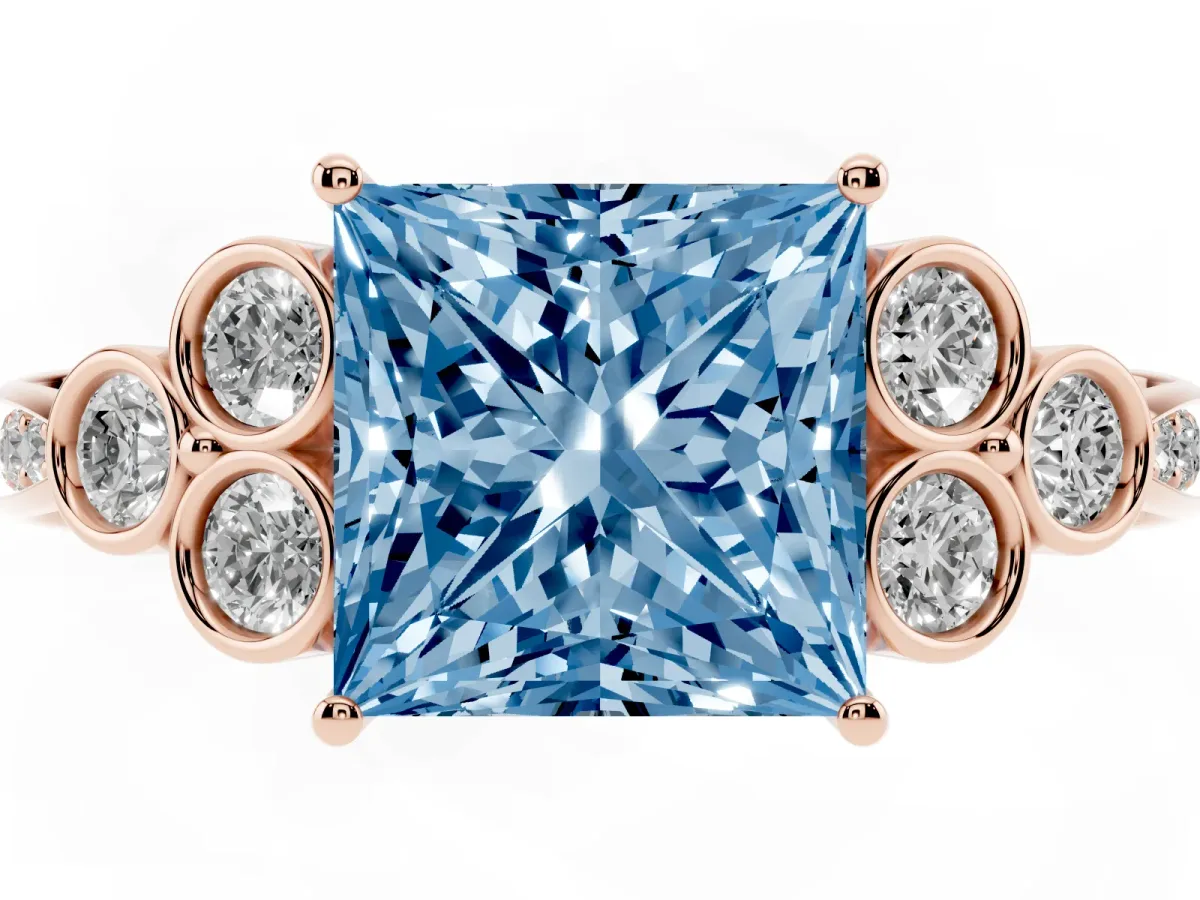 Fancy Blue Princess Cut Cut Diamond Engagement Ring with Bezel Set Round Side Stones and Prong Setting Rose gold