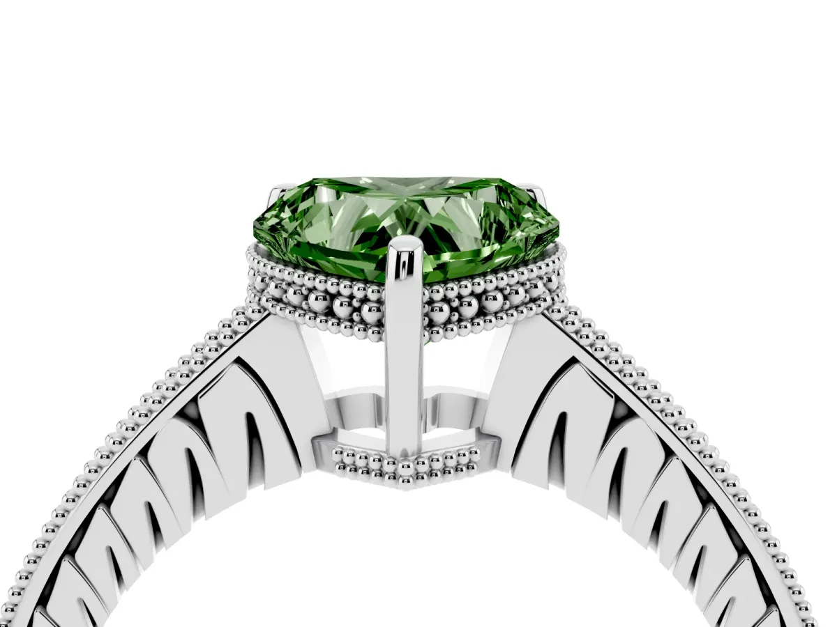 Fancy Green Heart Cut Solitaire Pavé Diamond Milgrain Engagement Ring with Four-Prong Setting Silver