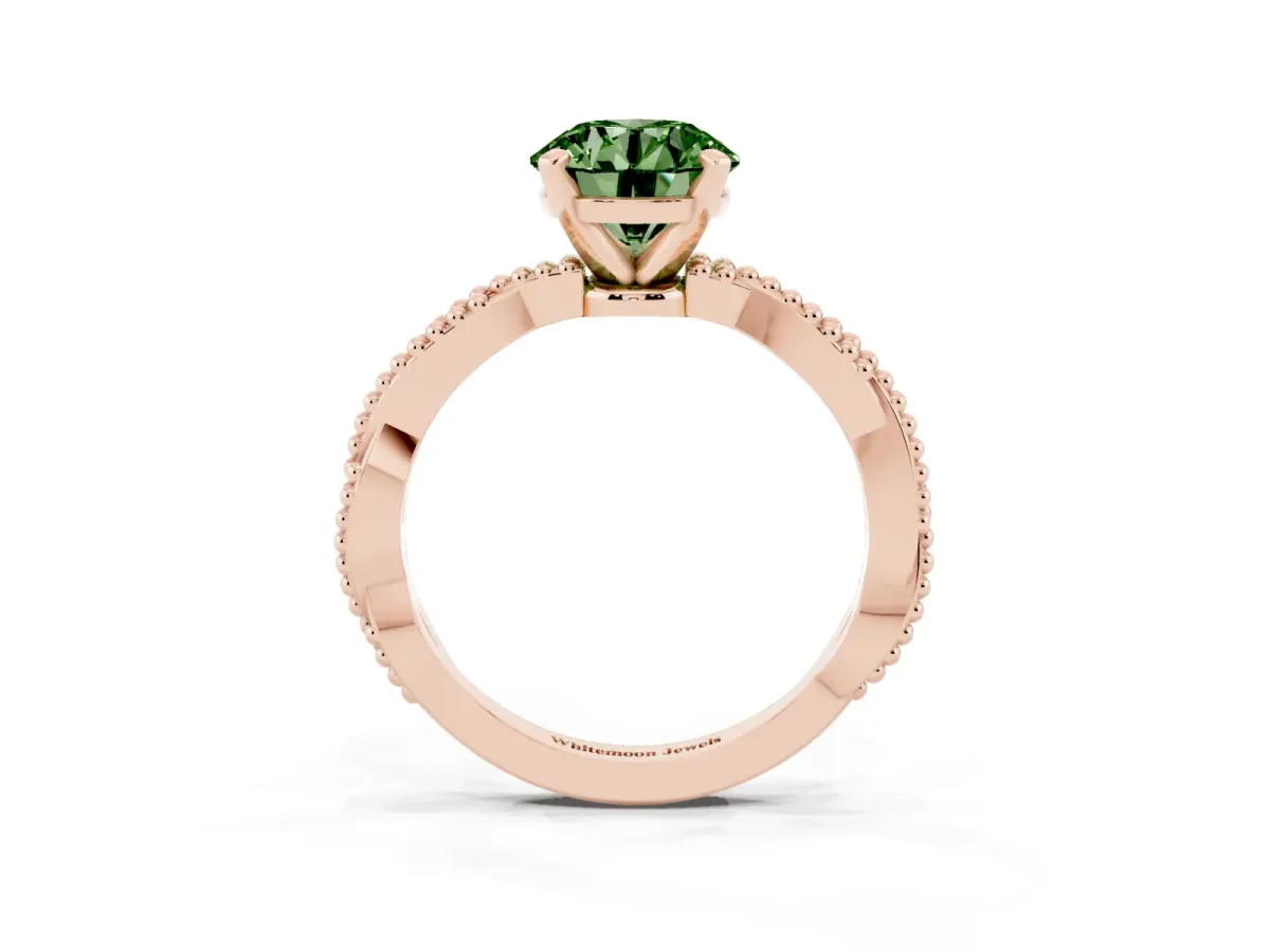 Fancy Green Round Cut Solitaire Twisted Band with Bead Prong Setting Rose gold