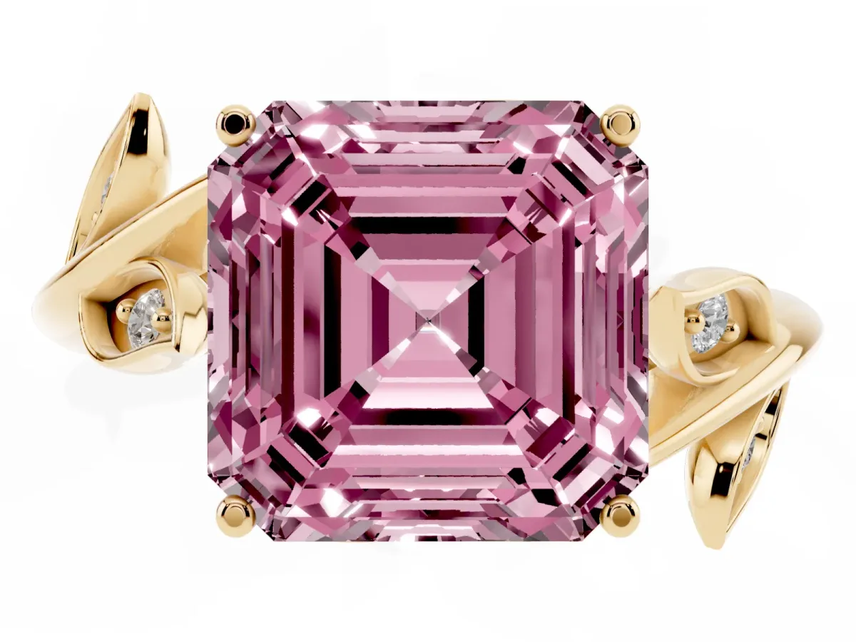 Fancy Pink Asscher Cut Solitaire Twist Engagement Ring with Leaf Accents and Prong Setting Yellow gold
