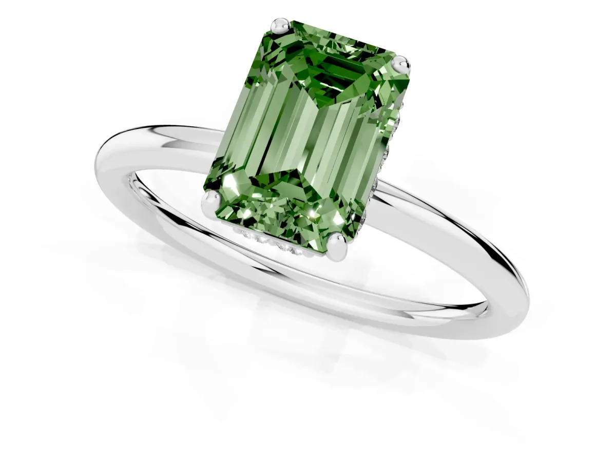 Fancy Green Emerald Cut Solitaire Diamond Ring with a Classic Band and Four-Prong Setting Silver