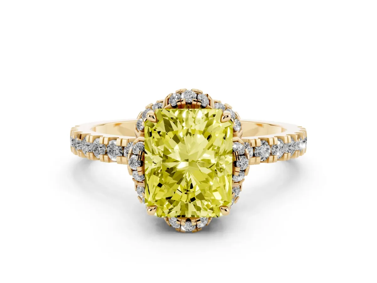 Fancy Yellow Radiant Cut Diamond Halo Pave Band with Four-Prong Setting Yellow gold