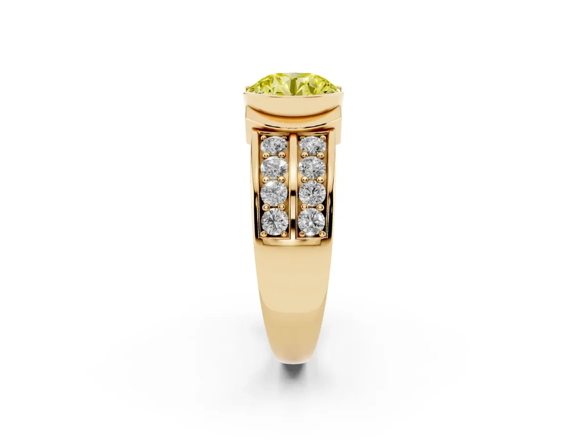 Fancy Yellow Round Cut Brilliant Diamond Channel Set Wide Band Ring with Bezel Setting Yellow gold