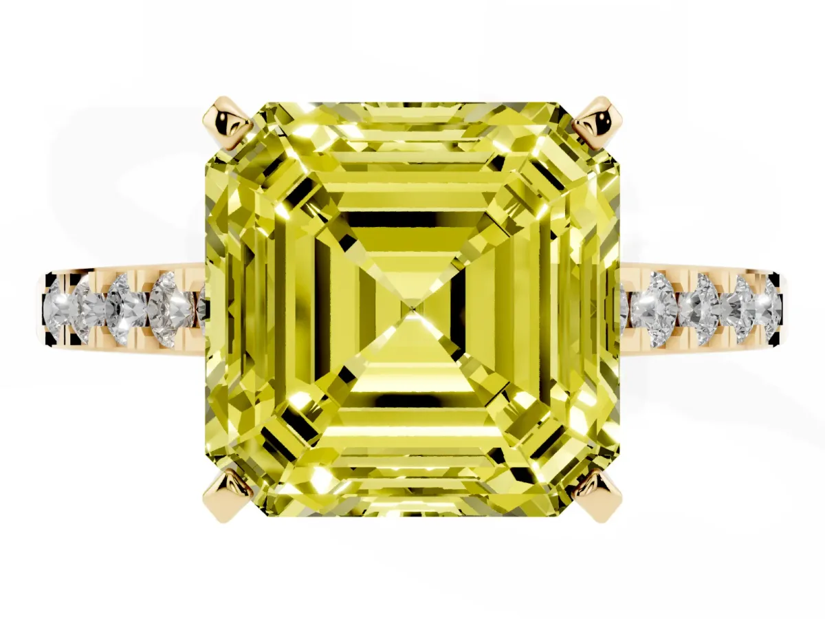 Fancy Yellow Asscher Cut Diamond Solitaire Ring with Crossover Gallery and Round Pavé Band Yellow gold
