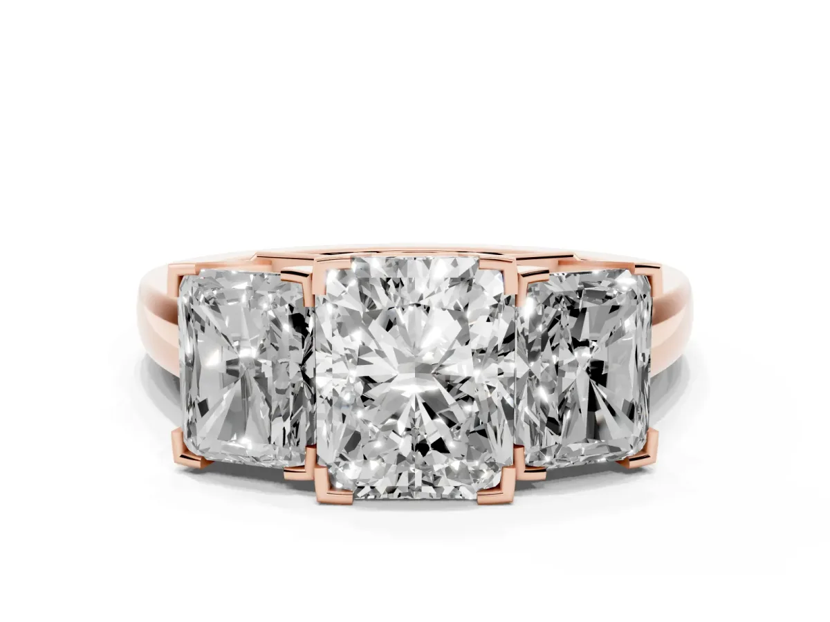 Three-Stone Radiant Cut Cut Diamond Ring with Channel Set Band and Four-Prong Setting Rose gold