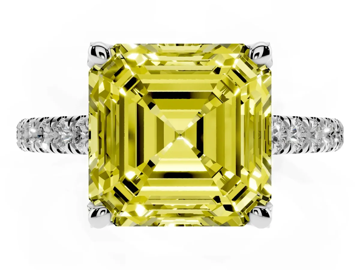 Fancy Yellow Asscher Cut Brilliant Diamond Solitaire with Pavé Band and Four-Prong Setting Silver
