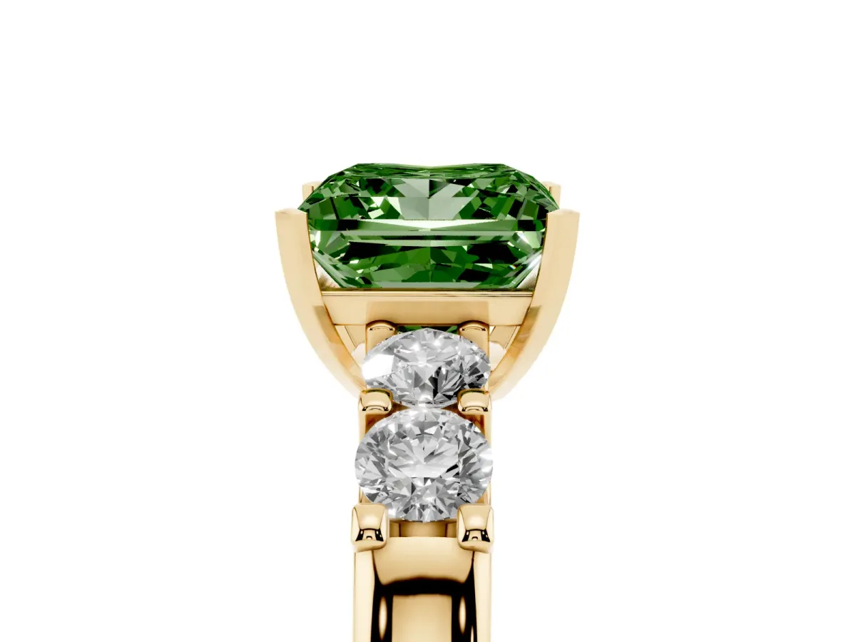 Fancy Green Princess Cut Brilliant Cut Diamond Five-Stone Prong Set Engagement Ring with Channel Band Yellow gold