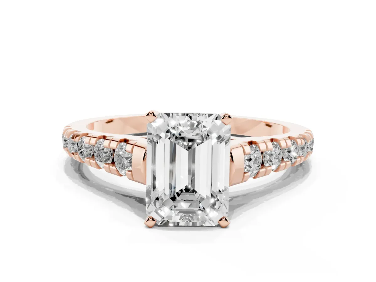 Emerald Cut Diamond Cathedral Solitaire Ring with Round Pavé Band Rose gold