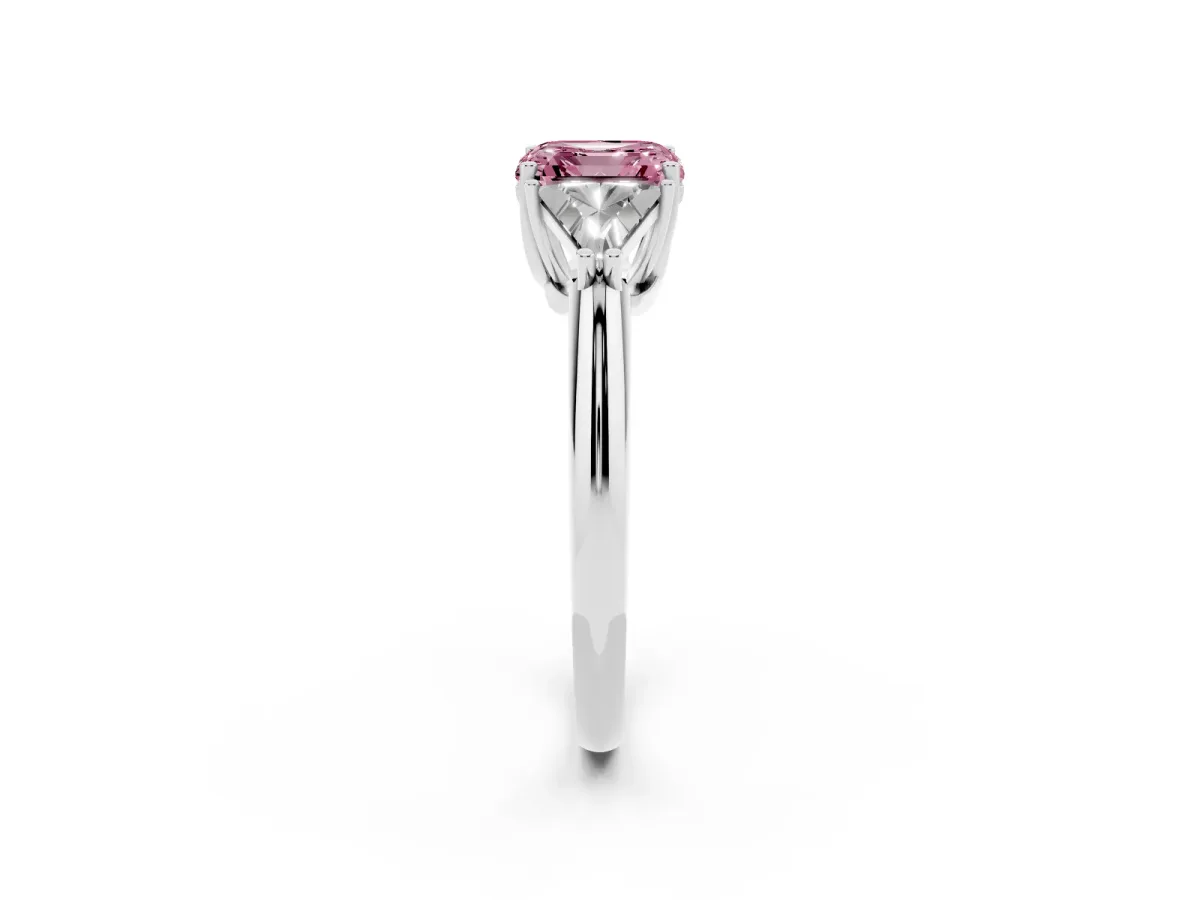 Fancy Pink Three-Stone Asscher Cut Diamond Engagement Ring with Trillion Side Stones and Prong Setting Silver