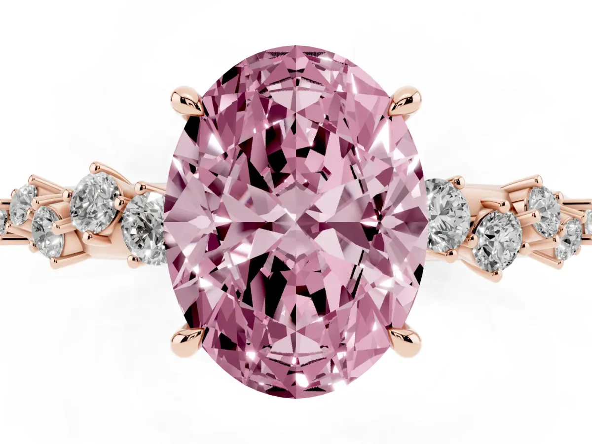 Fancy Pink Oval Cut Diamond Cluster Side Stone Solitaire Ring with Prong Setting Rose gold
