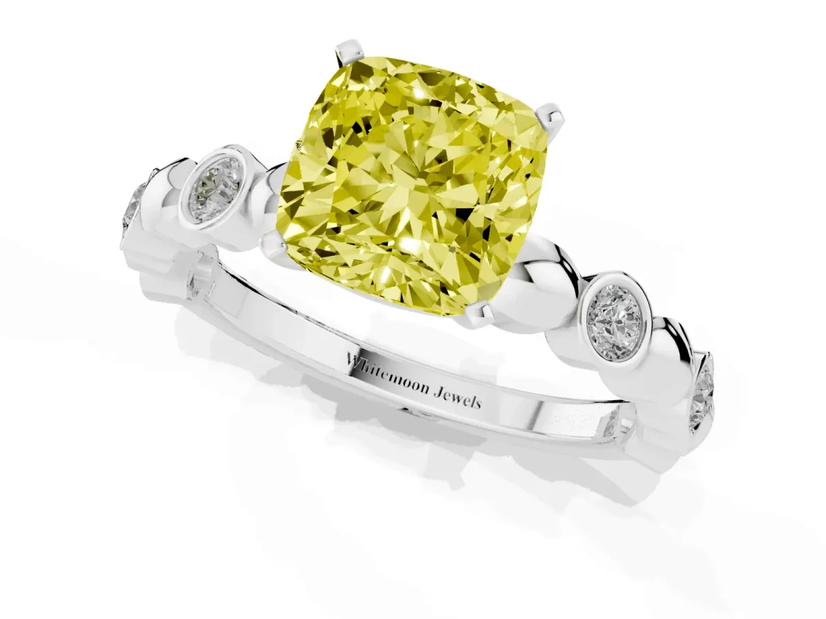 Fancy Yellow Cushion Cut Solitaire Bezel-Set Diamond Ring with Beaded Band and Four-Prong Setting Silver
