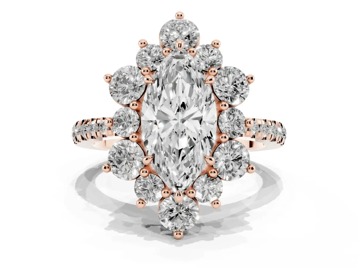 Marquise Cut Diamond Floral Halo Ring with Round Pavé Band and Prong Setting Rose gold