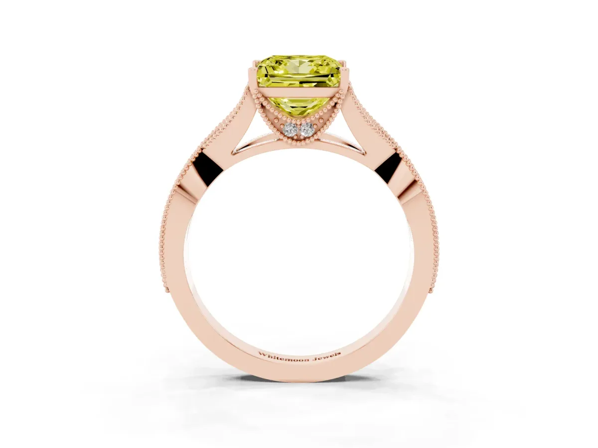 Fancy Yellow Princess Cut Cut Diamond Twisted Band with Milgrain Pave Setting and Four-Prong Setting Rose gold