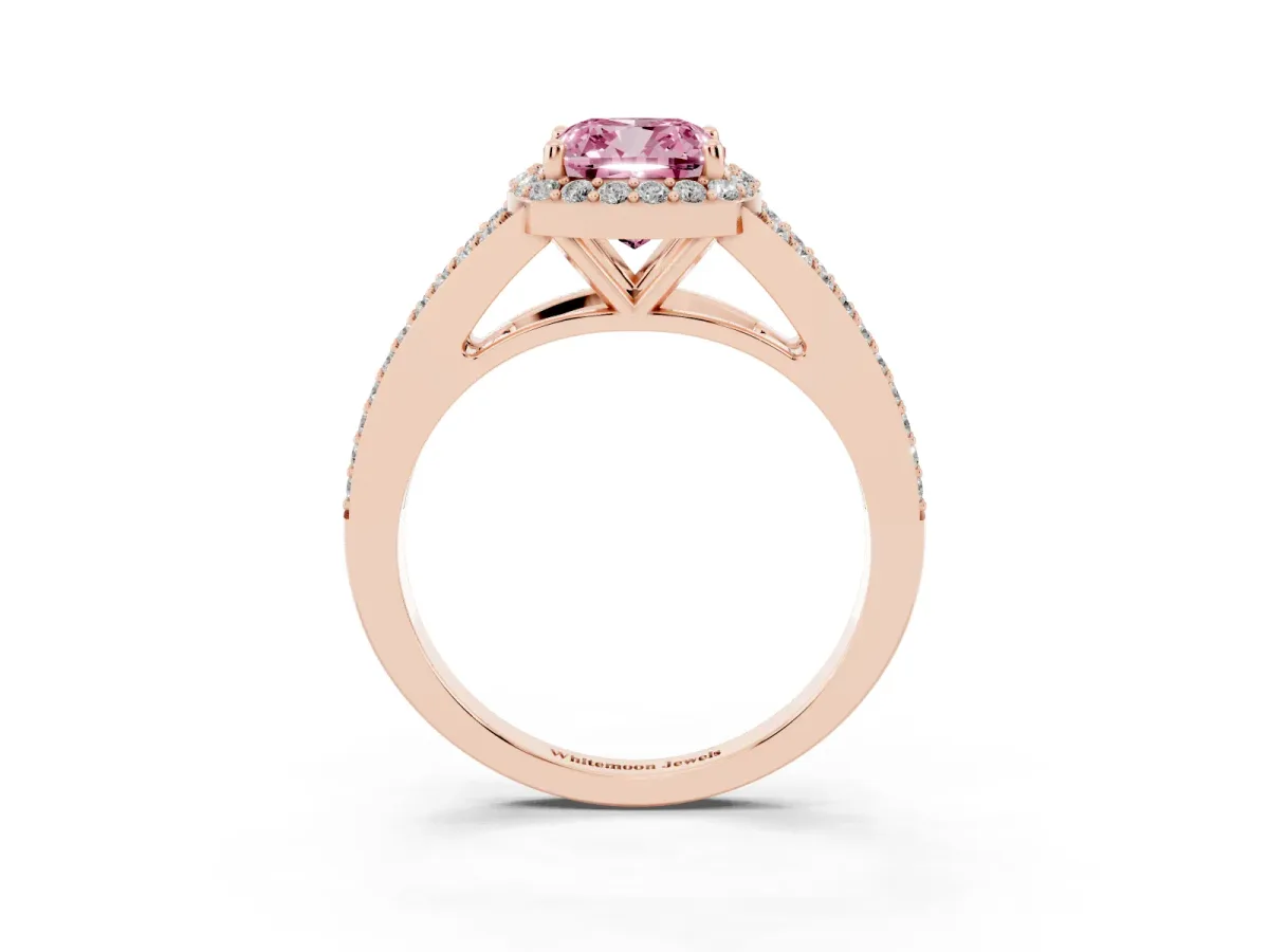 Fancy Pink Cushion Cut Halo Split Shank Diamond Ring with Prong Setting Rose gold
