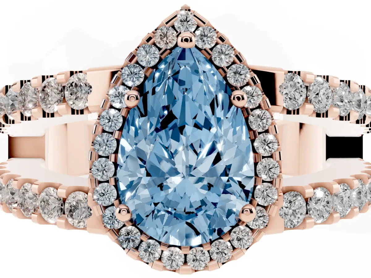 Fancy Blue Pear Cut Cut Halo Split Shank Diamond Ring with Four-Prong Setting Rose gold