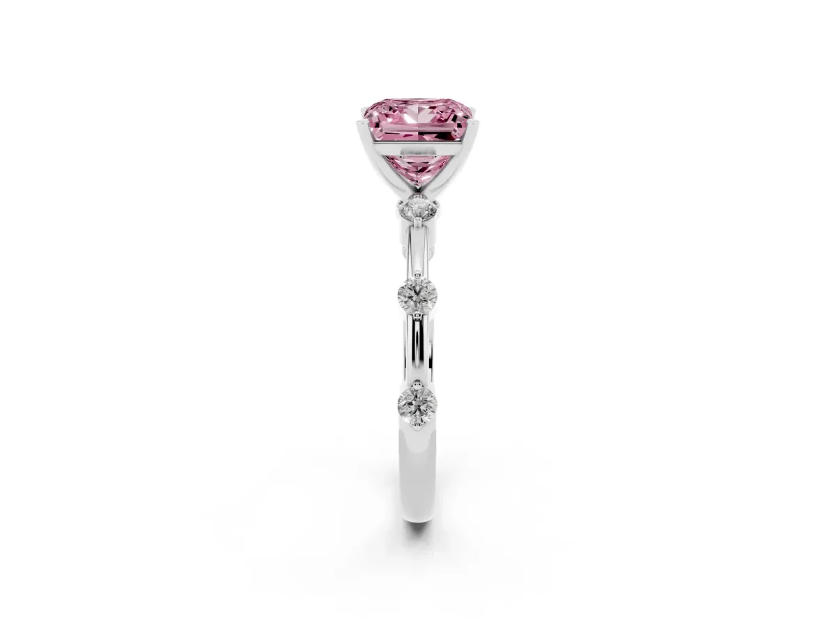 Fancy Pink Princess Cut Solitaire Diamond Ring with Bezel Set Side Stones and Prong Setting Silver
