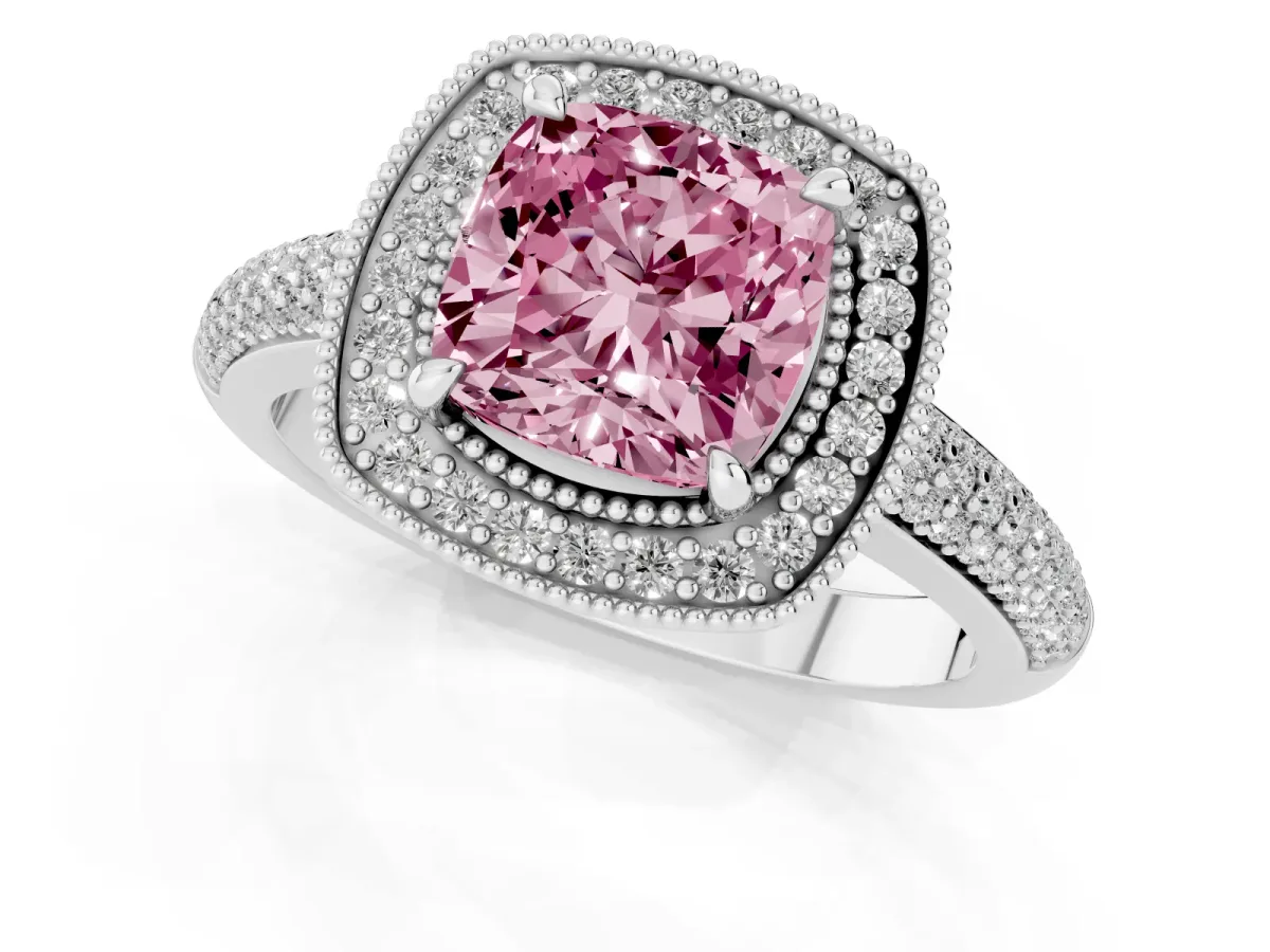 Fancy Pink Cushion Cut Cut Halo Diamond Pave Band with Four-Prong Setting Silver