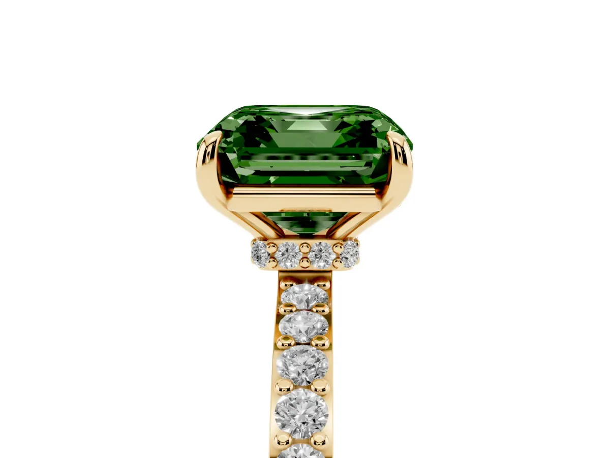 Fancy Green Asscher Cut Diamond Pavé Engagement Ring with Round Accents and Prong Setting Yellow gold