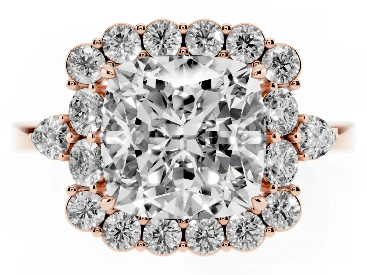Cushion Cut Diamond Halo Ring with Pear Side Stones and Prong Setting Rose gold