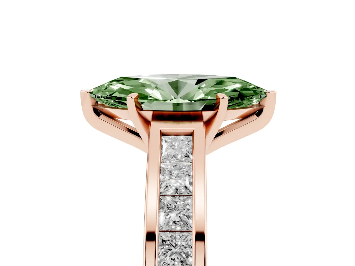 Fancy Green Marquise Cut Solitaire Diamond Ring with Channel-Set Band and Four-Prong Setting Rose gold