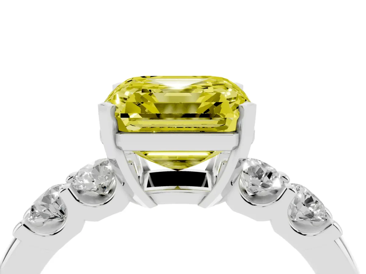 Fancy Yellow Asscher Cut Brilliant Cut Diamond Five-Stone Prong Set Engagement Ring with Channel Band Platinum