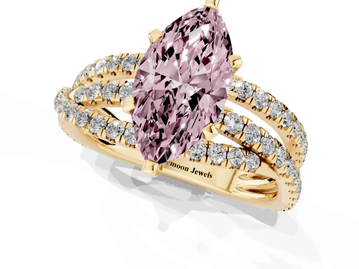 Fancy Pink Marquise Cut Solitaire Twist Band with Pavé Setting and Four-Prong Setting Yellow gold