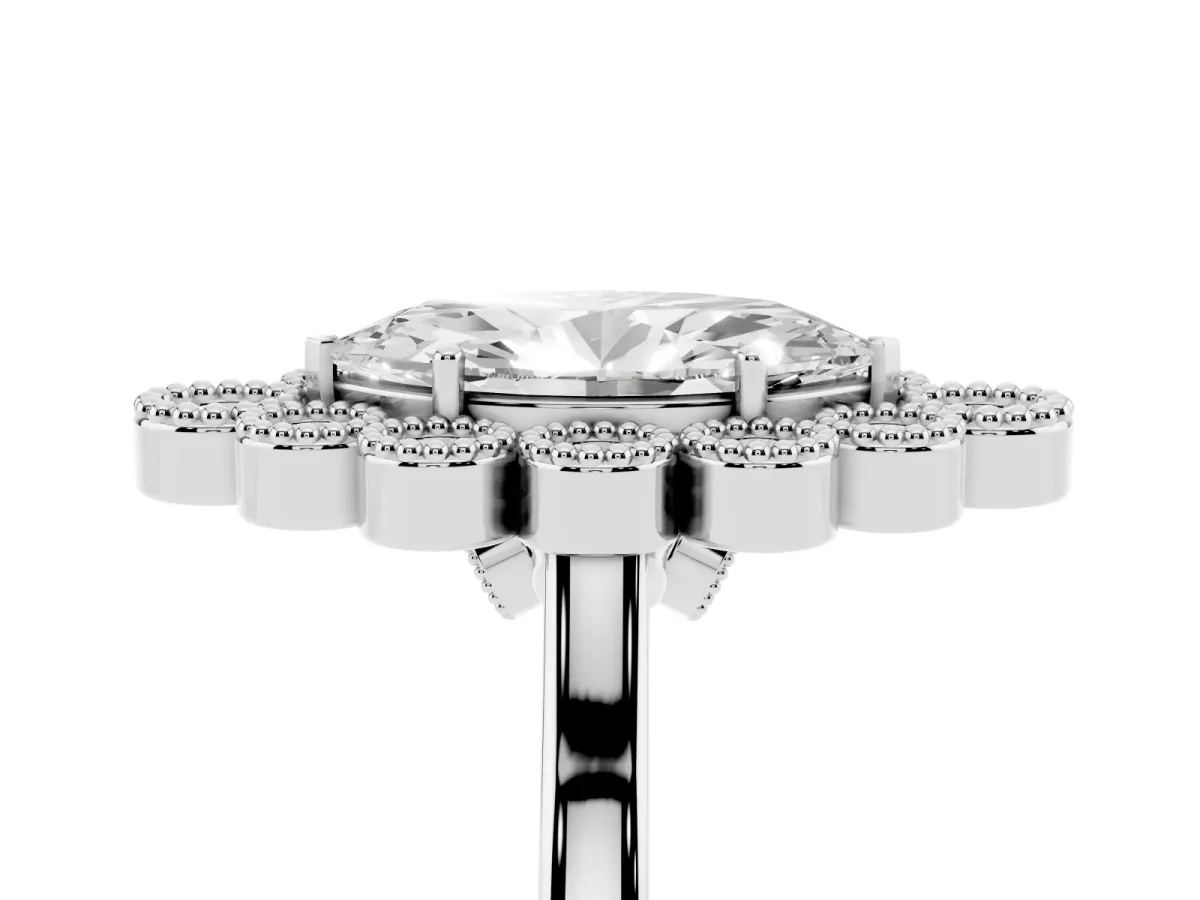 Marquise Cut Halo Diamond Cluster Engagement Ring with Milgrain Bezel Setting and Solitaire Band White gold