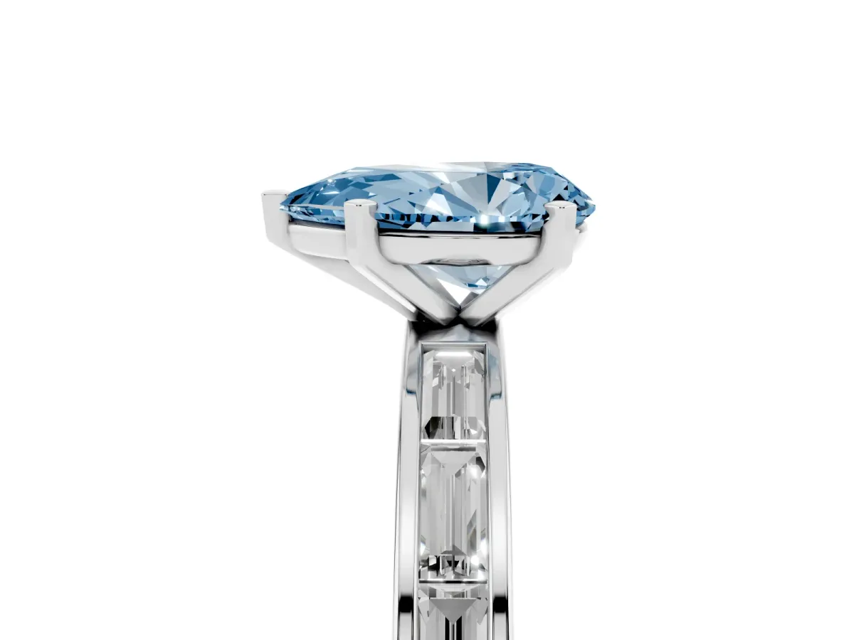 Fancy Blue Pear Cut Solitaire Diamond Ring with Channel-Set Baguette Band and Four-Prong Setting White gold