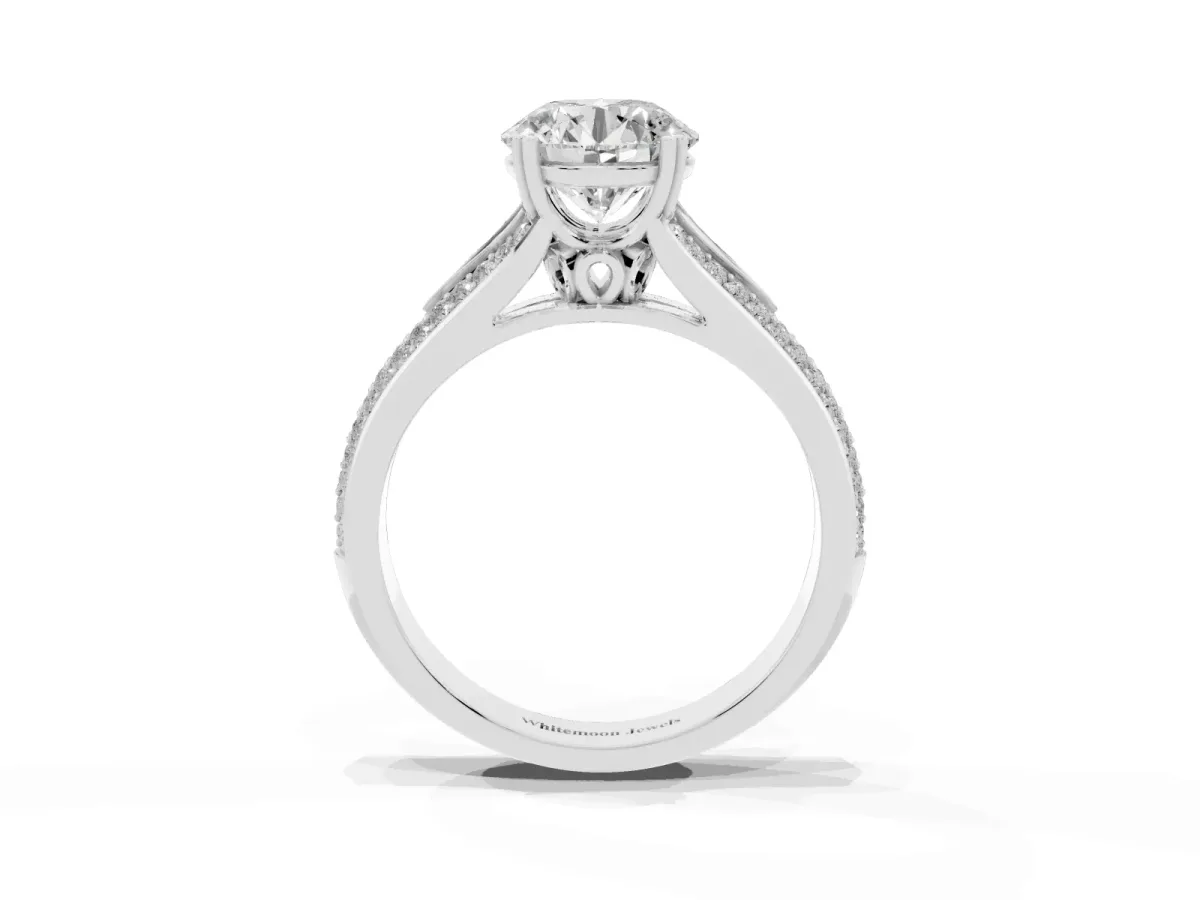 Round Cut Diamond Split Shank Engagement Ring with Pavé Band Silver