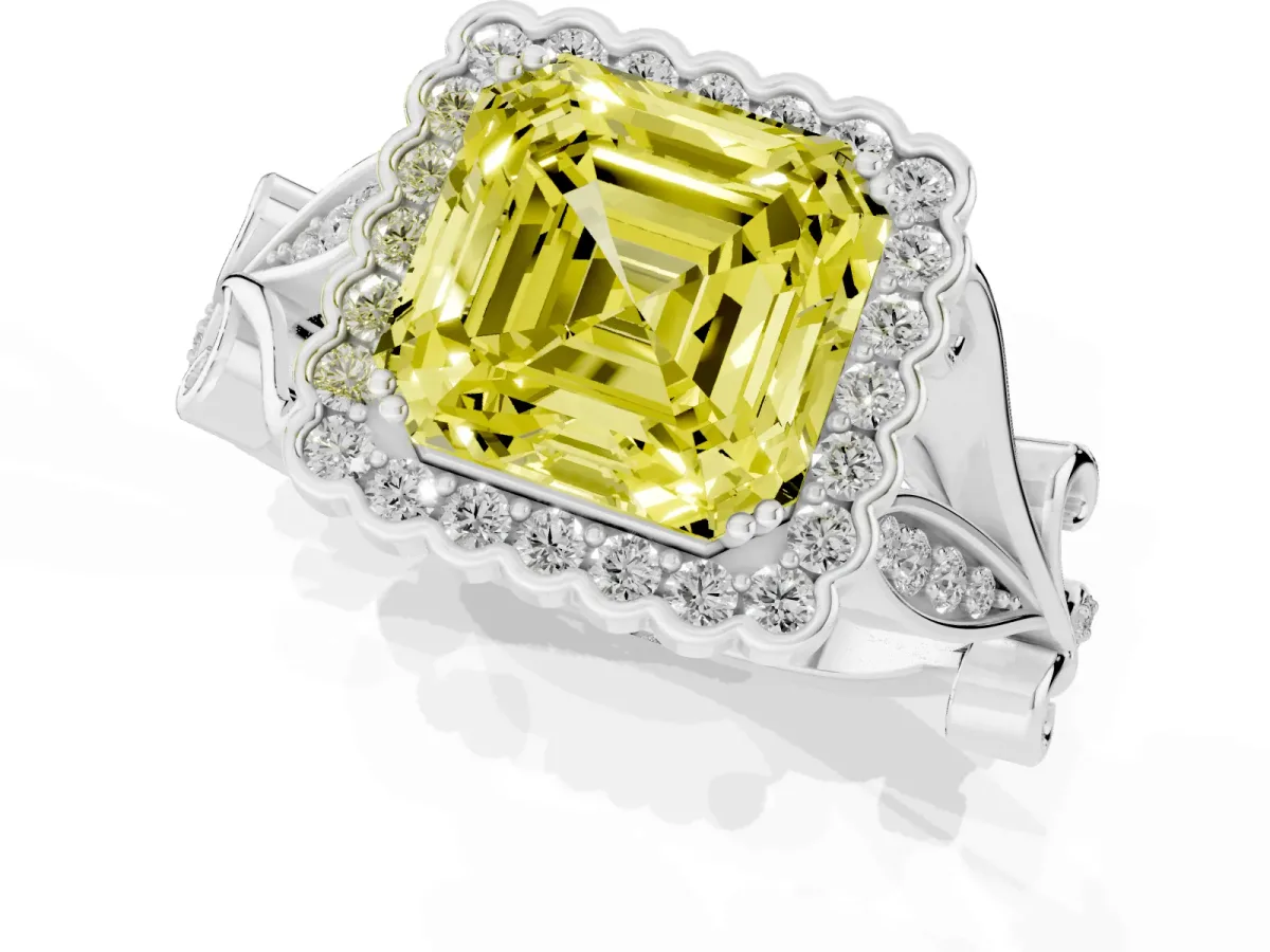 Fancy Yellow Asscher Cut Diamond Halo Ring with Vintage Split Shank and Four-Prong Setting Silver