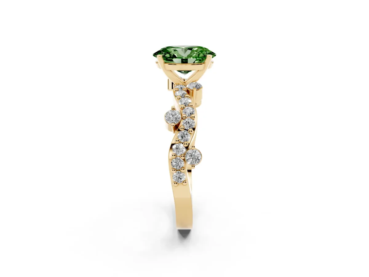 Fancy Green Oval Cut Cut Solitaire Diamond Twisted Band with Pave Setting Yellow gold