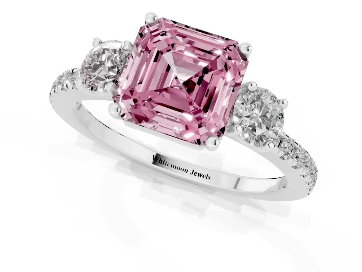 Fancy Pink Three-Stone Asscher Cut Cut Diamond Pavé Band with Prong Setting Silver